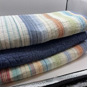 Martha Stewart 2 PC Pillow Sham + 1 Euro Hello Sunshine Blue Yarn-Dye, Standard